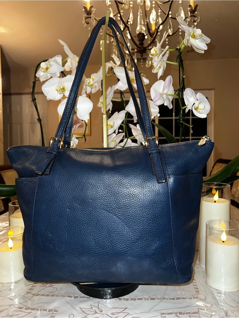 Michael Kors Jet Set Navy Pebbled Leather Tote Bag Gold Hardware MK Charm Large - Picture 4 of 16
